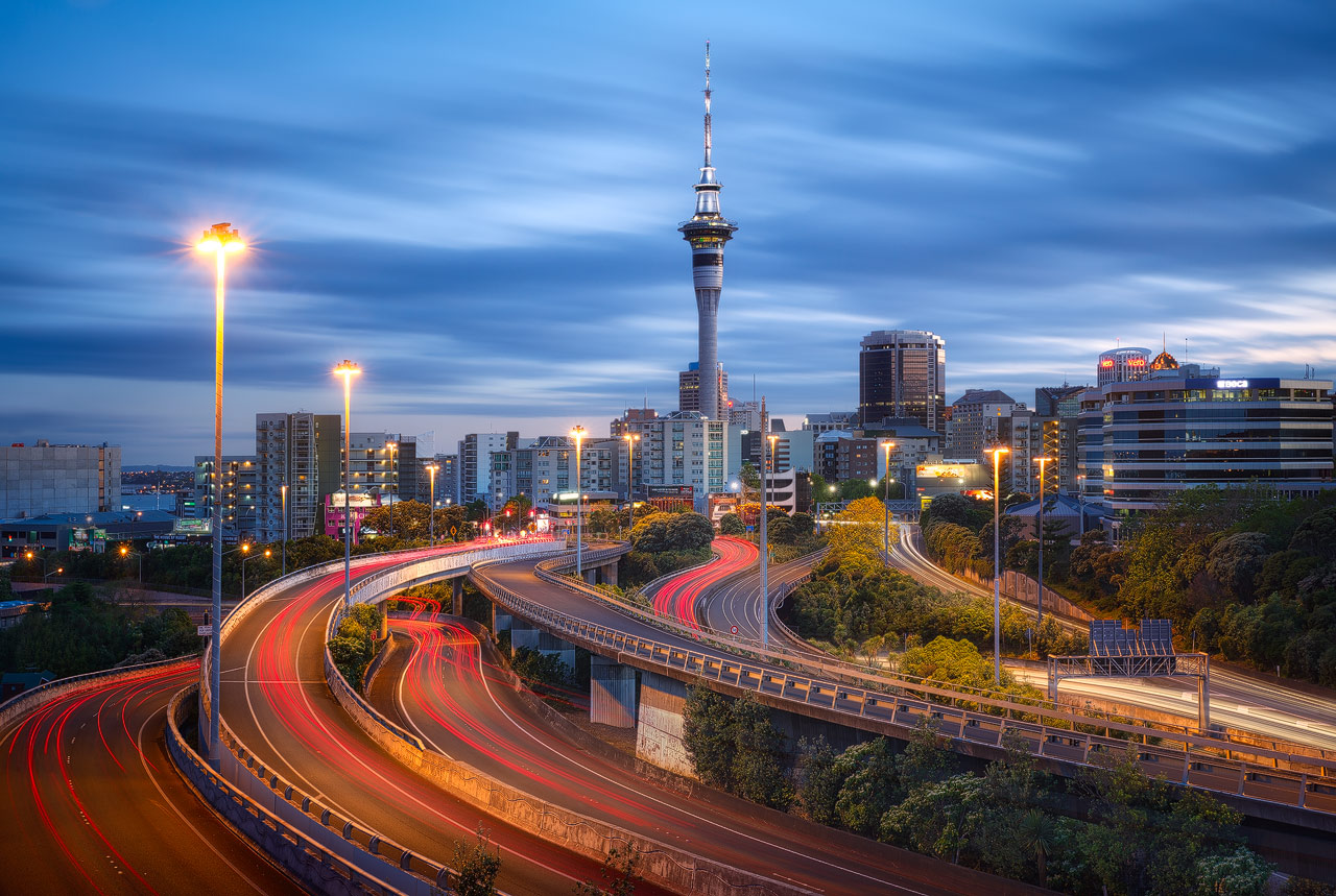 The Auckland Skyline with the motorway as seen during Blue hour in the morning.