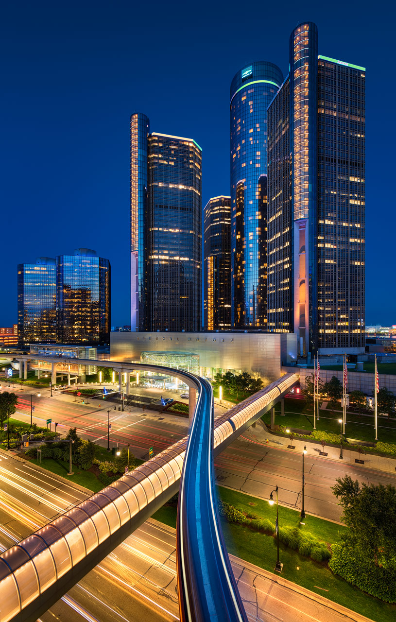 The GM Renaissance Center in downtown Detroit during blue hour.