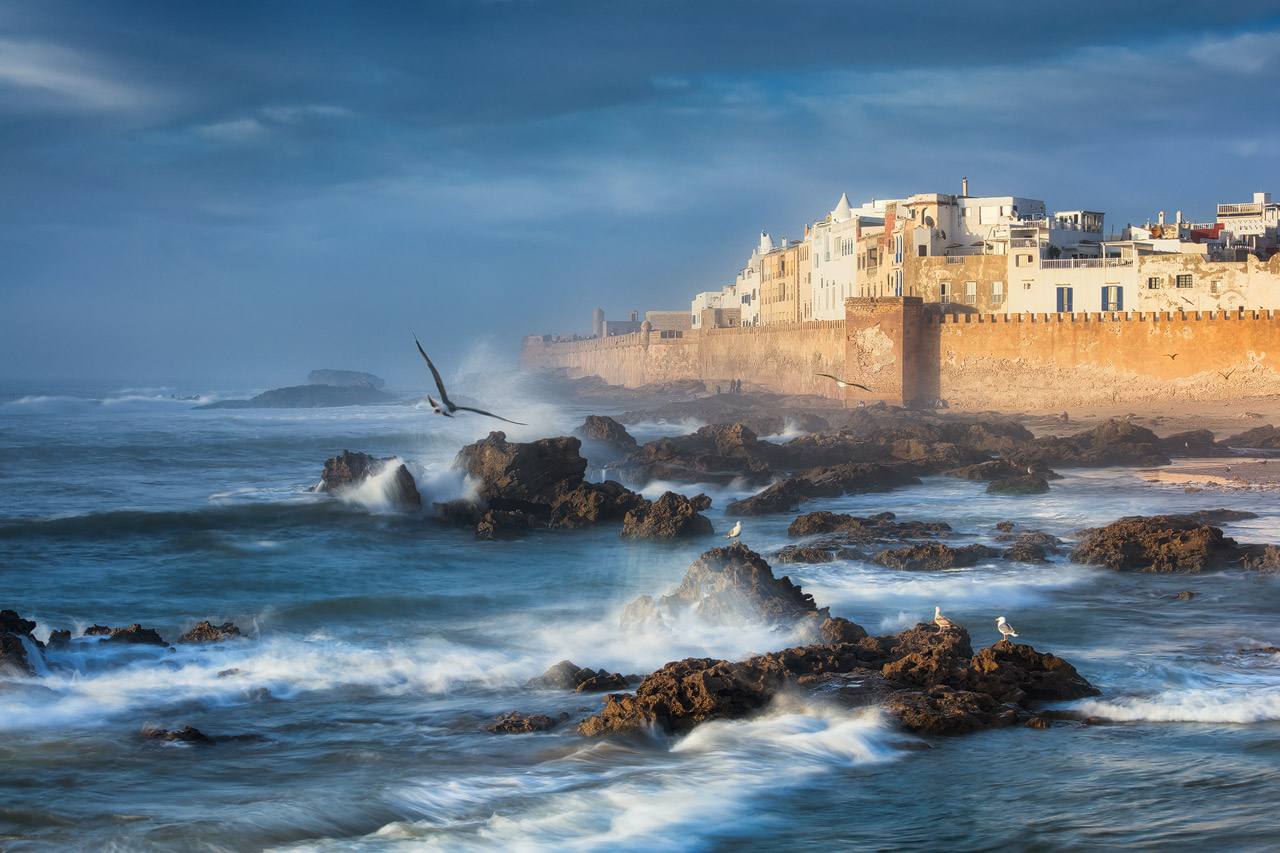 Waves crashing at the short in front of the Essaouira ramparts