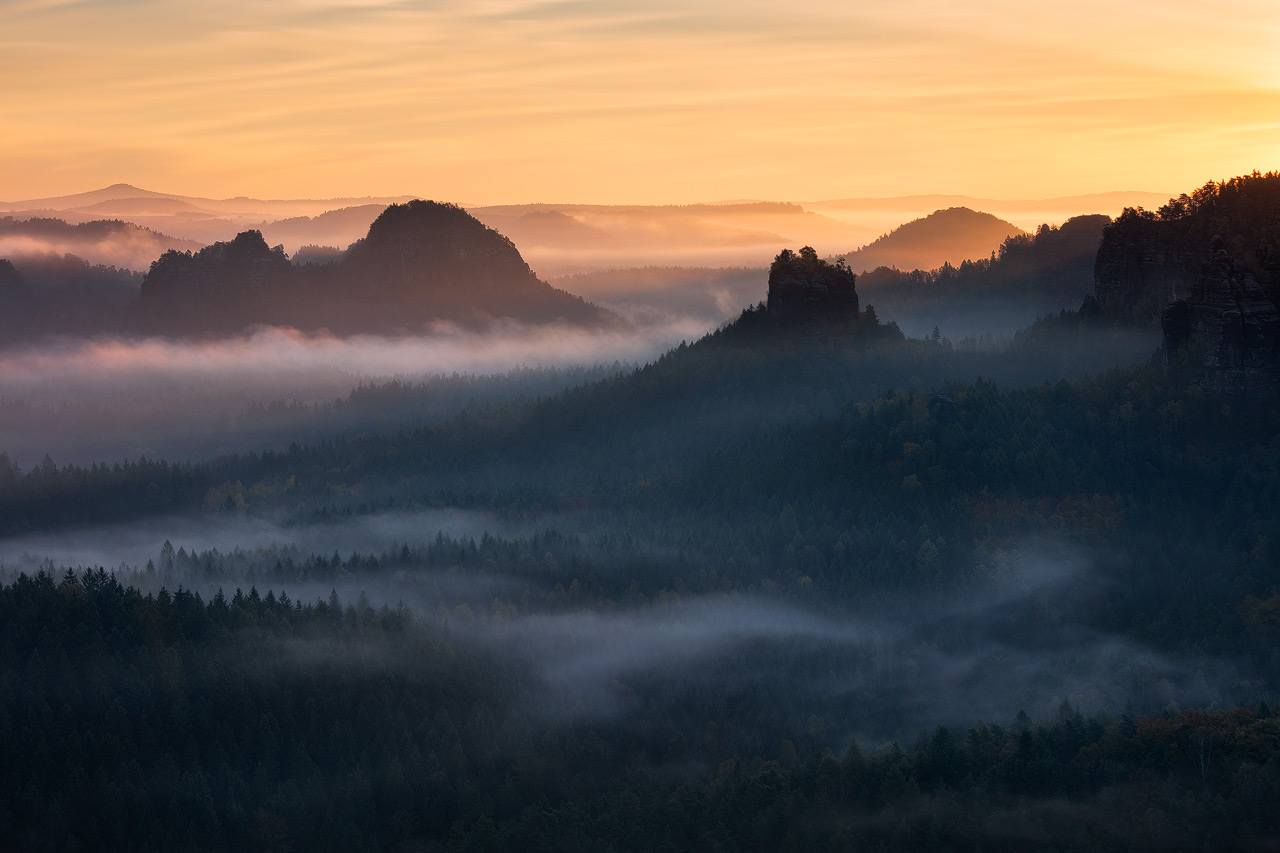 The hills and forests of Saxony Switzerland at Sunrise.