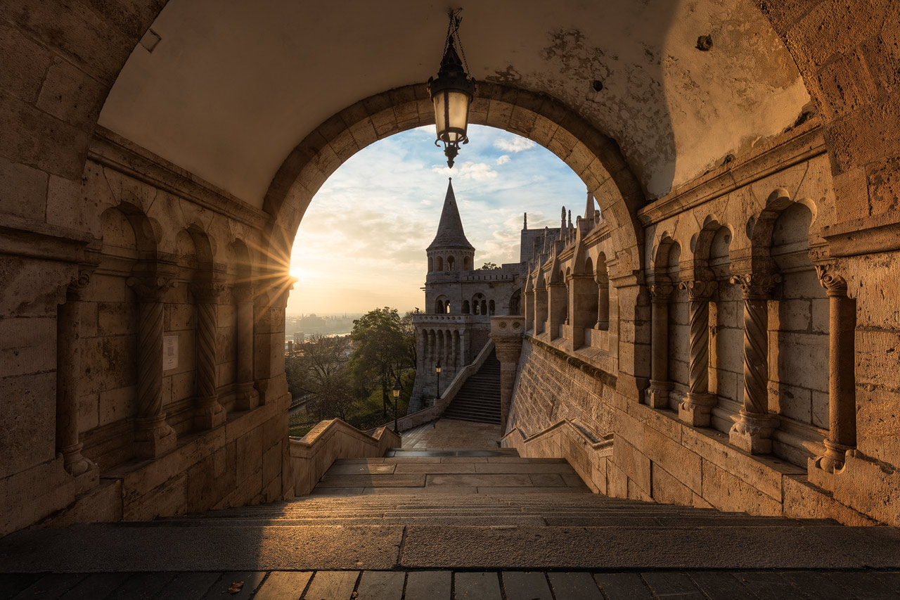 The morning sun lights up the ramparts of Fisherman's Bastion in Budapest