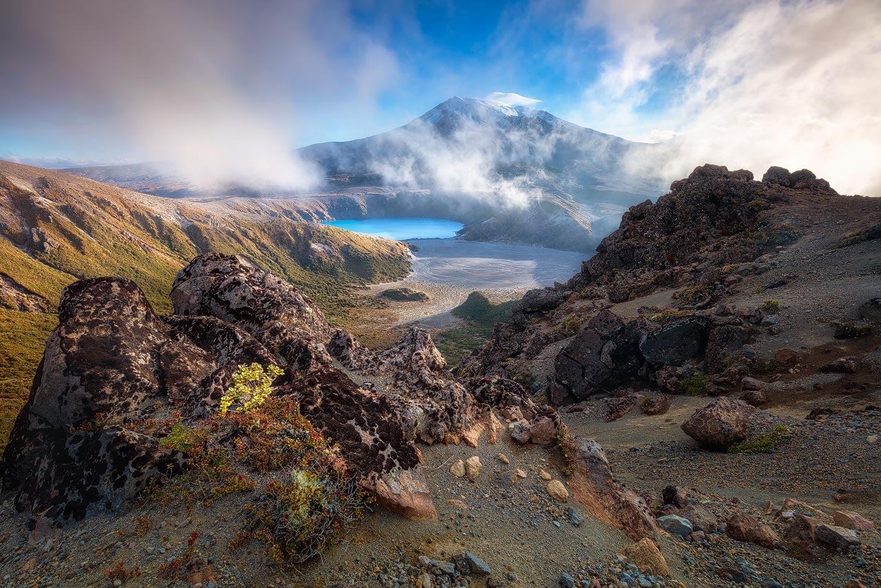 Revelation - New Zealand Mount Ruapehu and the lower Tama Lake on a windy evening in New Zealand.