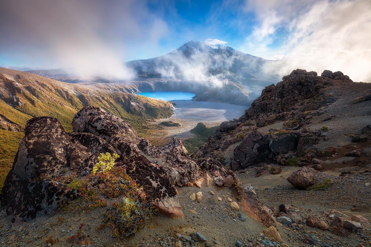 Mount Ruapehu and the lower Tama Lake on a windy evening in New Zealand.