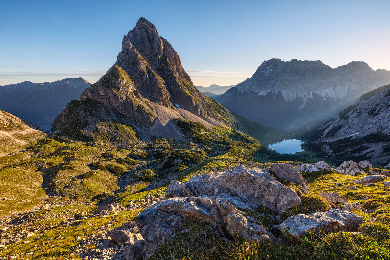 The Sonnespitze Mountain in the Austrian Alps with the Zugspitze.