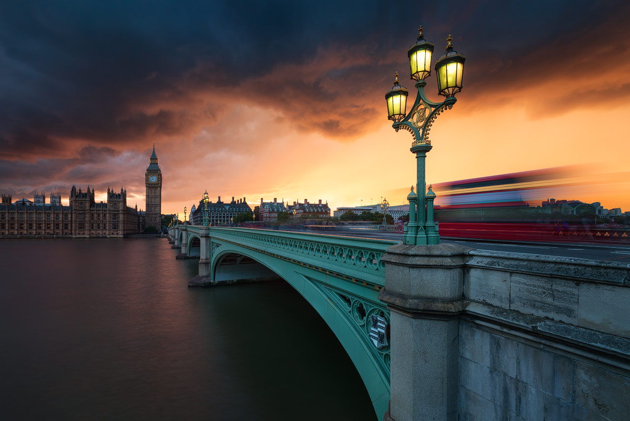 Stormy sunset over Westminster Bridge in London.