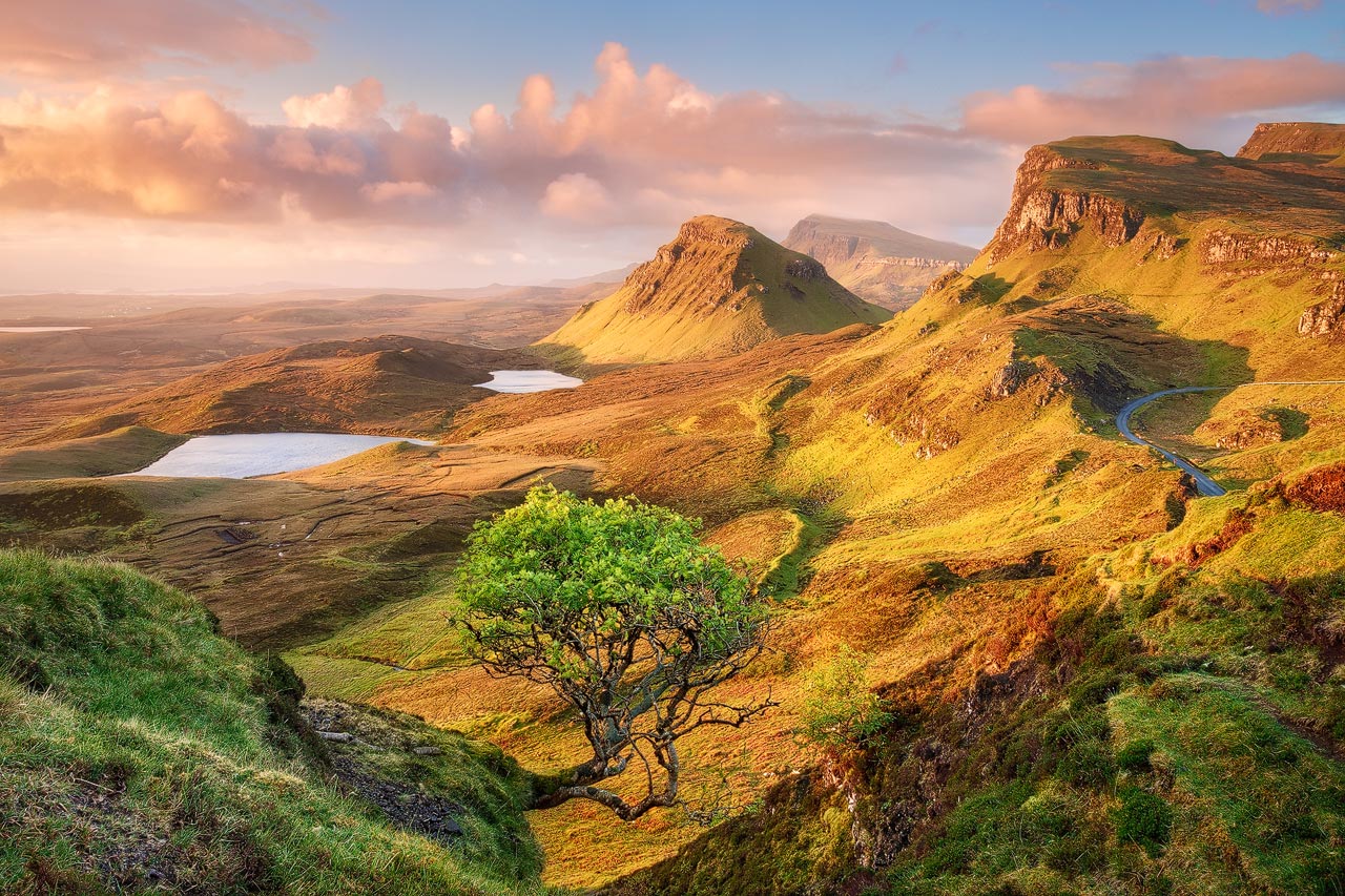 The Trotternish ridge as seen from the Quiraing during sunrise.